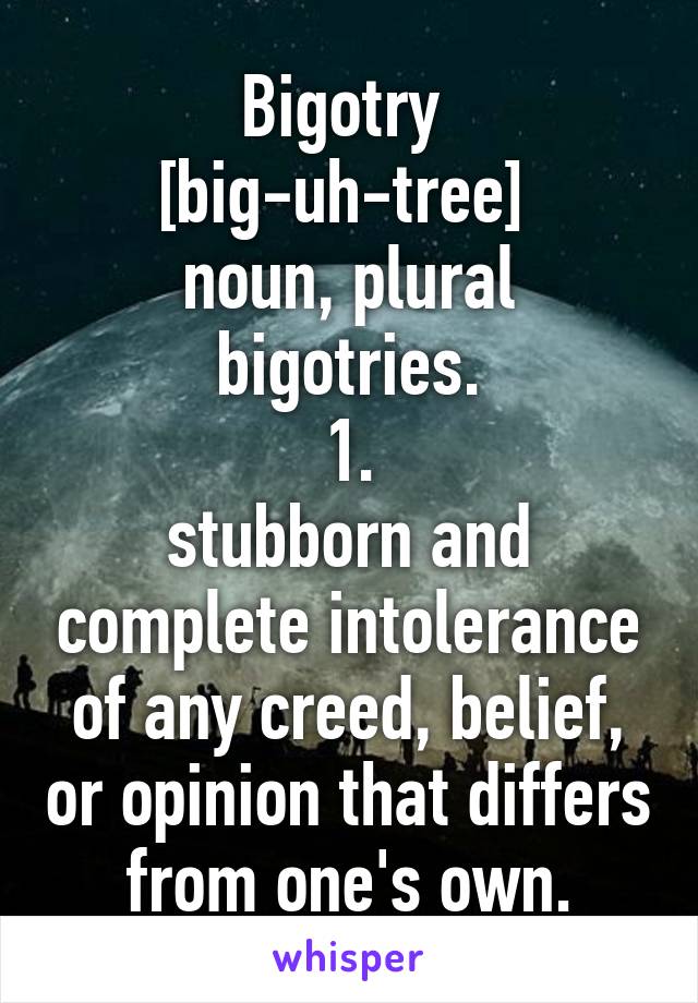 Bigotry 
[big-uh-tree] 
noun, plural bigotries.
1.
stubborn and complete intolerance of any creed, belief, or opinion that differs from one's own.