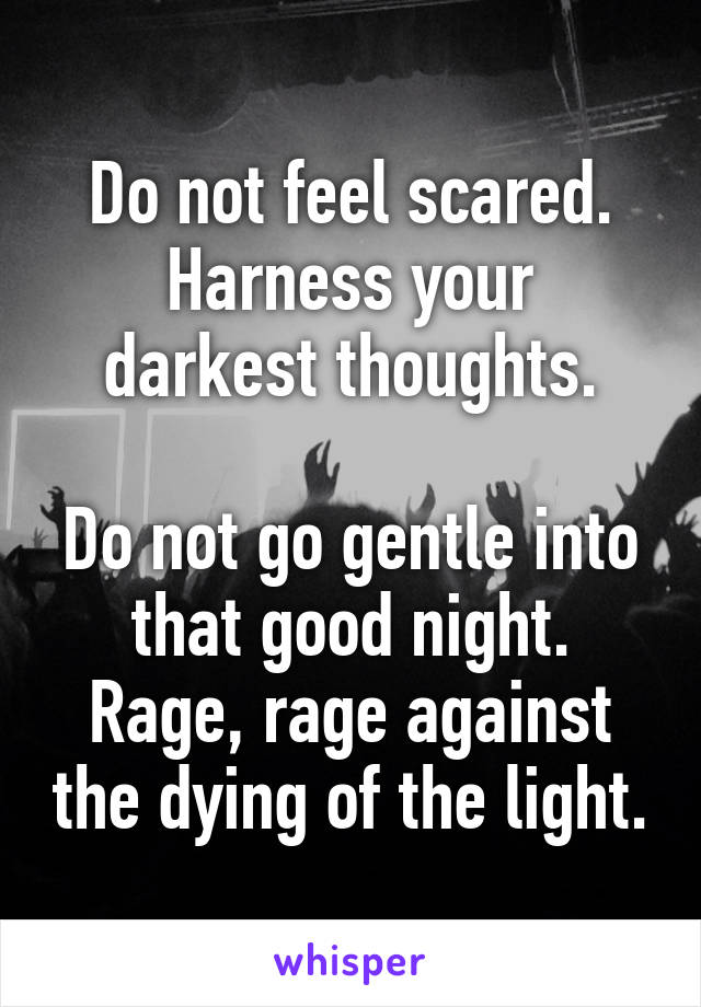 Do not feel scared.
Harness your darkest thoughts.

Do not go gentle into that good night.
Rage, rage against the dying of the light.