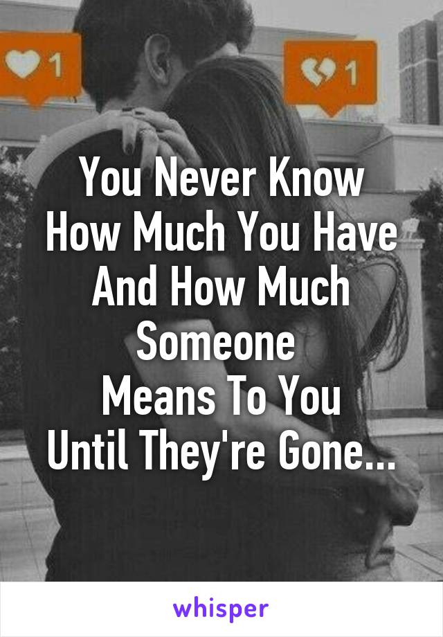 You Never Know
How Much You Have
And How Much Someone 
Means To You
Until They're Gone...