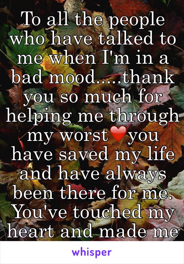 To all the people who have talked to me when I'm in a bad mood.....thank you so much for helping me through my worst❤️you have saved my life and have always been there for me. You've touched my heart and made me felt better
