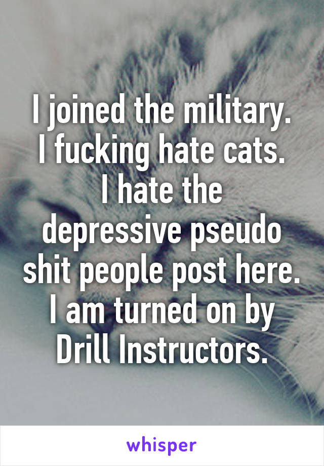 I joined the military.
I fucking hate cats.
I hate the depressive pseudo shit people post here.
I am turned on by Drill Instructors.