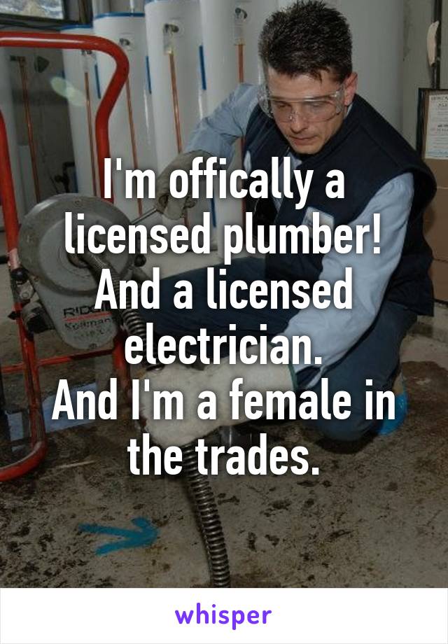 I'm offically a licensed plumber!
And a licensed electrician.
And I'm a female in the trades.
