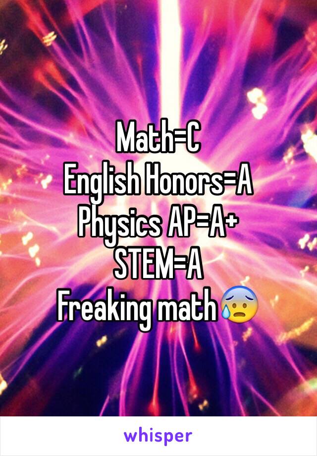 Math=C
English Honors=A
Physics AP=A+
STEM=A
Freaking math😰