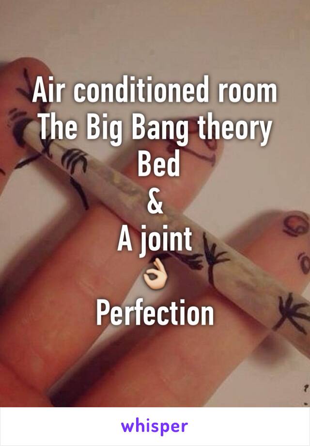 Air conditioned room
The Big Bang theory 
 Bed
&
A joint 
👌
Perfection 
