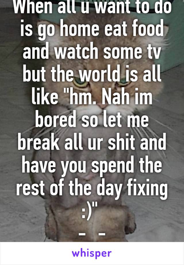 When all u want to do is go home eat food and watch some tv but the world is all like "hm. Nah im bored so let me break all ur shit and have you spend the rest of the day fixing :)" 
-_-
fuck life
