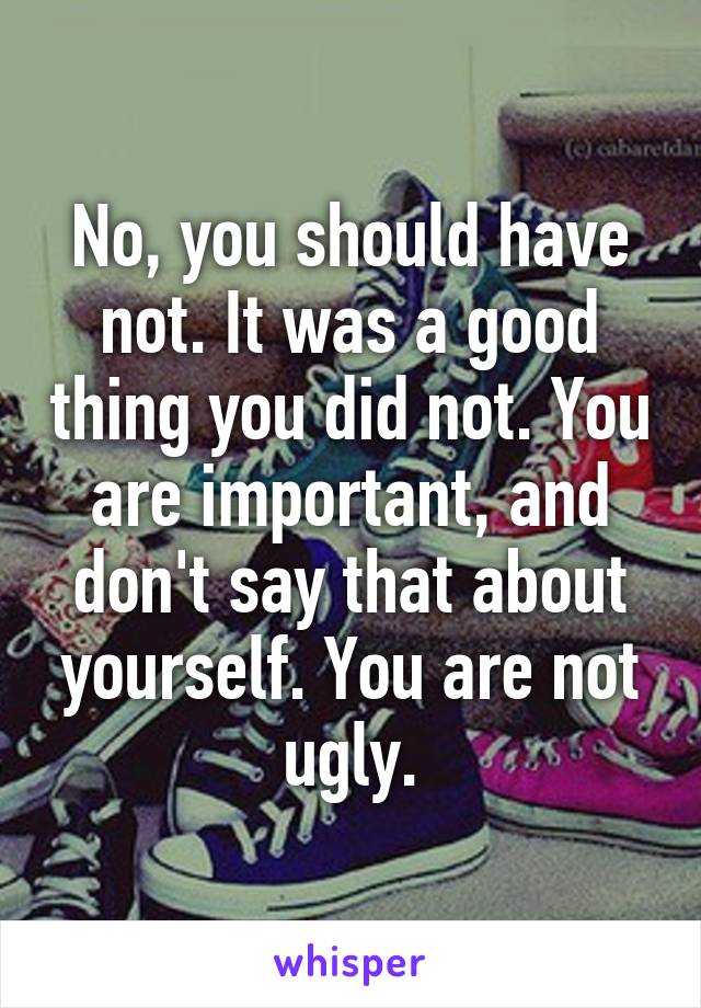 No, you should have not. It was a good thing you did not. You are important, and don't say that about yourself. You are not ugly.