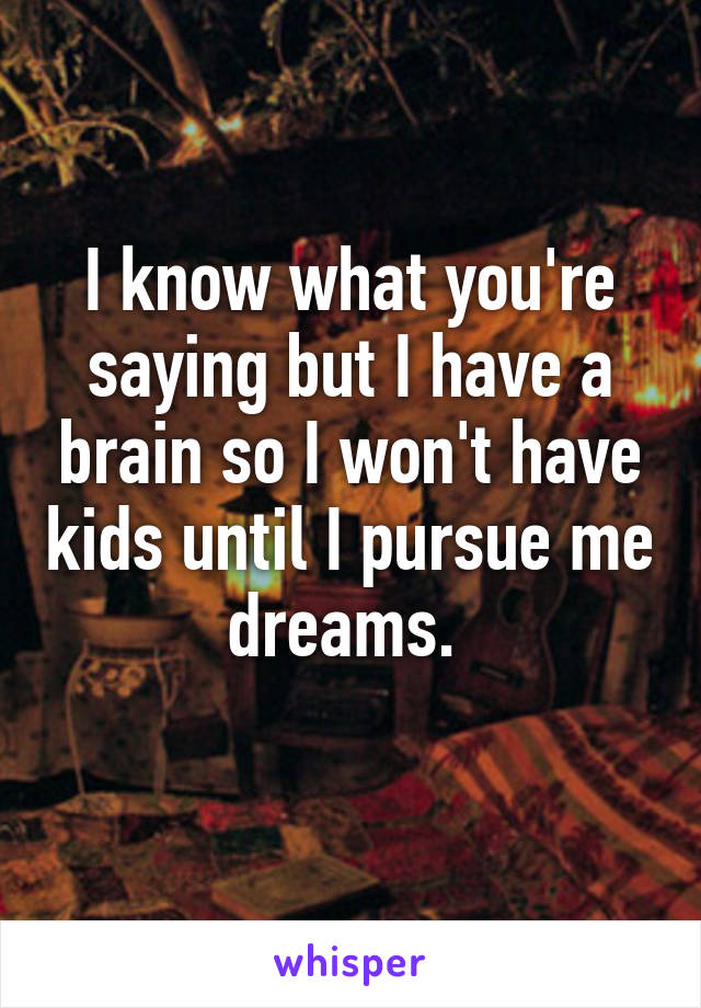 I know what you're saying but I have a brain so I won't have kids until I pursue me dreams. 
