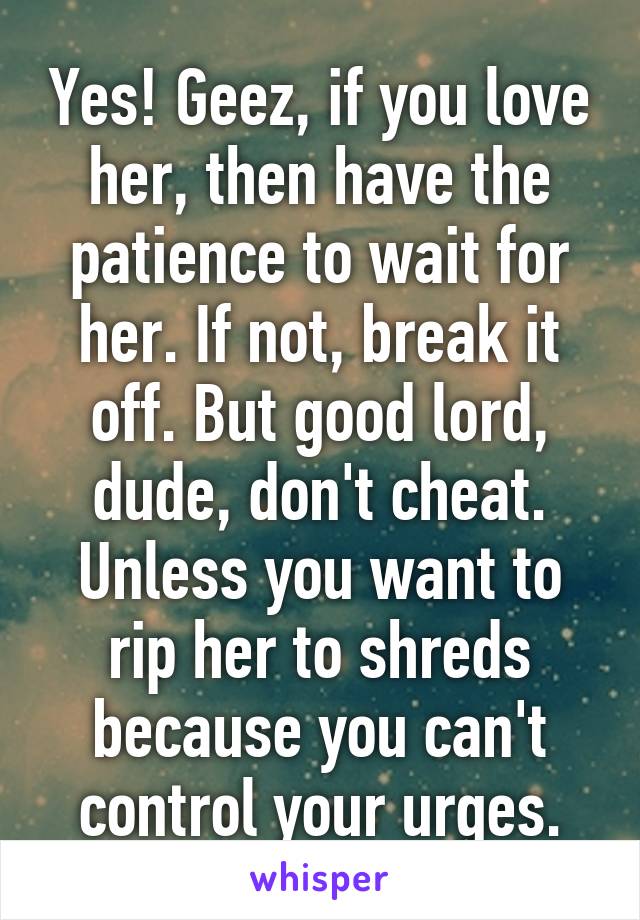 Yes! Geez, if you love her, then have the patience to wait for her. If not, break it off. But good lord, dude, don't cheat. Unless you want to rip her to shreds because you can't control your urges.