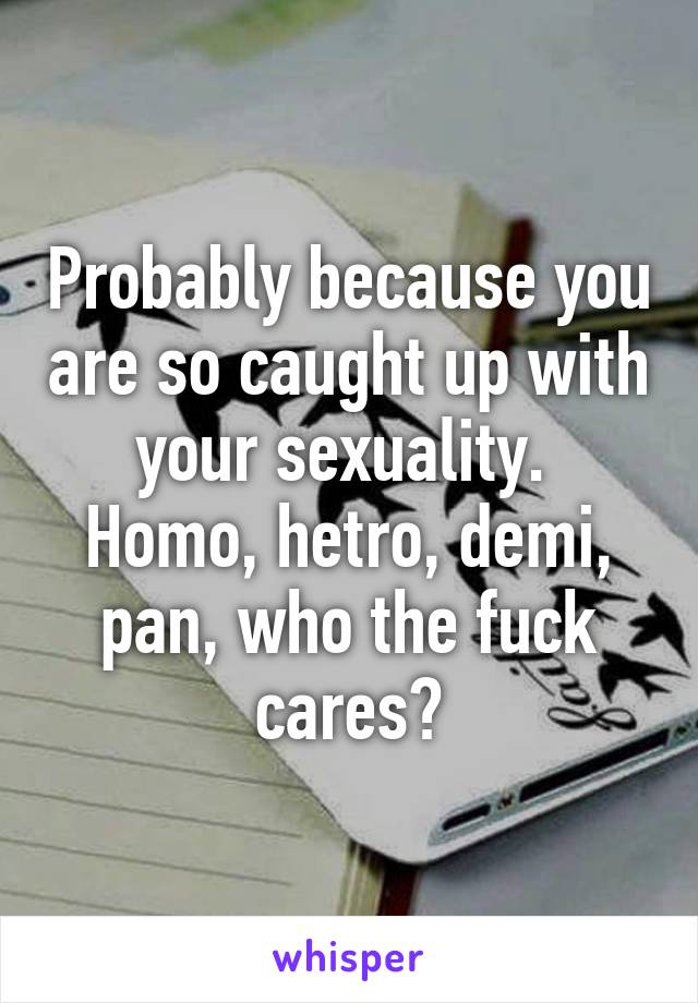 Probably because you are so caught up with your sexuality.  Homo, hetro, demi, pan, who the fuck cares?