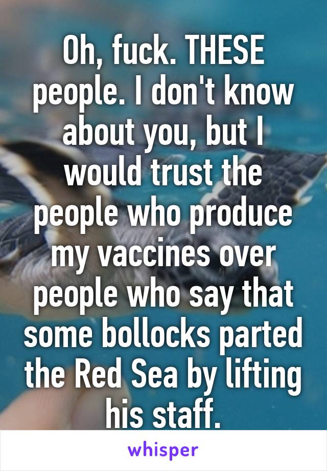 Oh, fuck. THESE people. I don't know about you, but I would trust the people who produce my vaccines over people who say that some bollocks parted the Red Sea by lifting his staff.