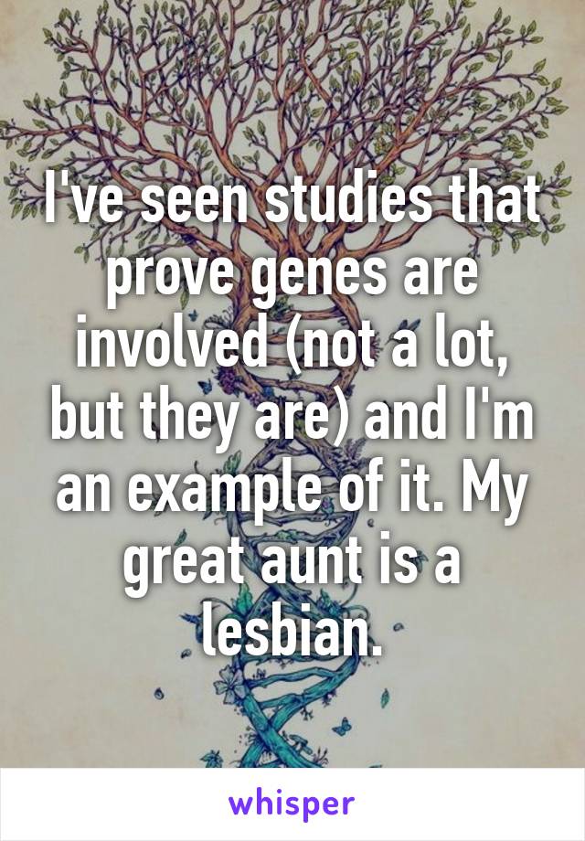 I've seen studies that prove genes are involved (not a lot, but they are) and I'm an example of it. My great aunt is a lesbian.