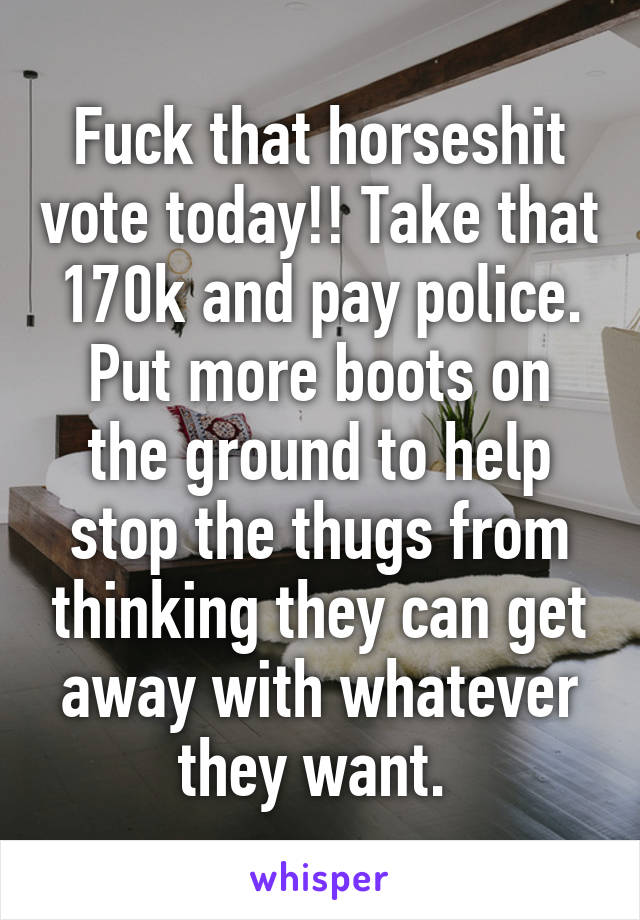 Fuck that horseshit vote today!! Take that 170k and pay police. Put more boots on the ground to help stop the thugs from thinking they can get away with whatever they want. 
