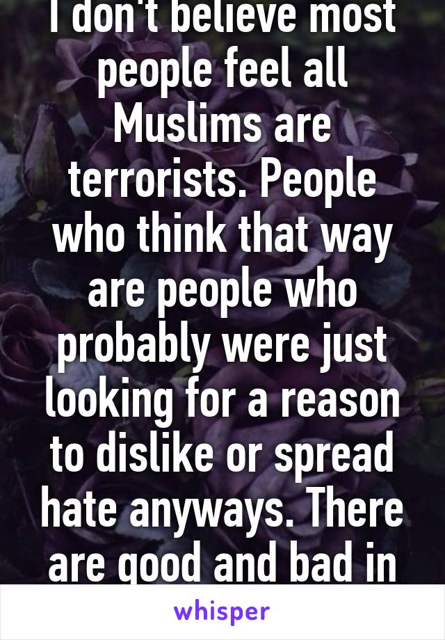 I don't believe most people feel all Muslims are terrorists. People who think that way are people who probably were just looking for a reason to dislike or spread hate anyways. There are good and bad in every group.