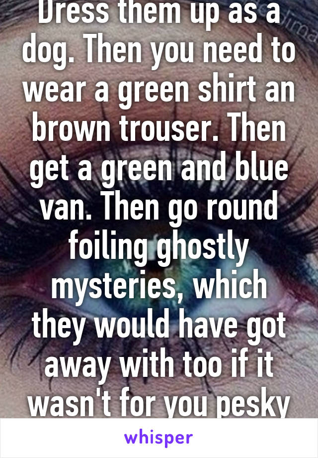 Dress them up as a dog. Then you need to wear a green shirt an brown trouser. Then get a green and blue van. Then go round foiling ghostly mysteries, which they would have got away with too if it wasn't for you pesky kids...