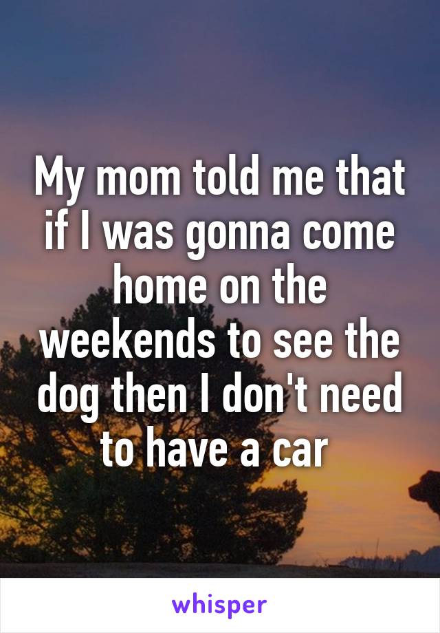 My mom told me that if I was gonna come home on the weekends to see the dog then I don't need to have a car 