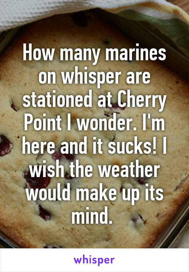 How many marines on whisper are stationed at Cherry Point I wonder. I'm here and it sucks! I wish the weather would make up its mind. 