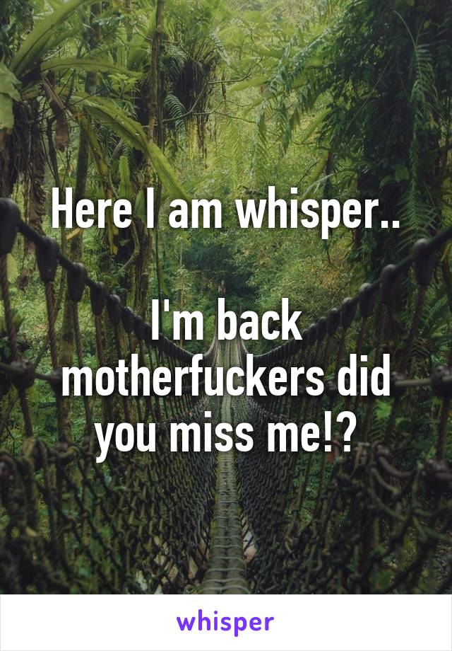 Here I am whisper..

I'm back motherfuckers did you miss me!?