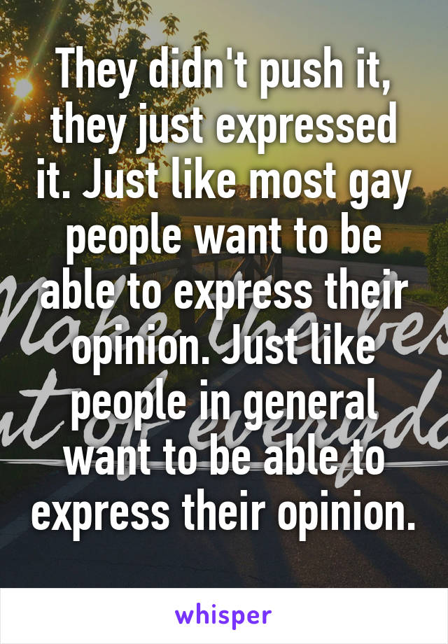 They didn't push it, they just expressed it. Just like most gay people want to be able to express their opinion. Just like people in general want to be able to express their opinion. 