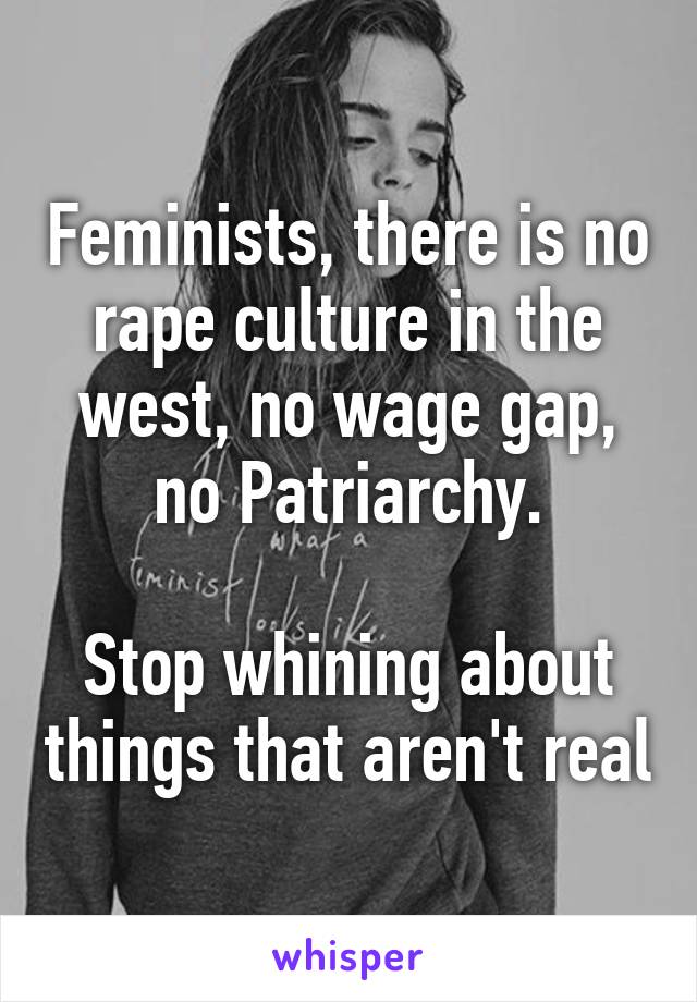 Feminists, there is no rape culture in the west, no wage gap, no Patriarchy.

Stop whining about things that aren't real