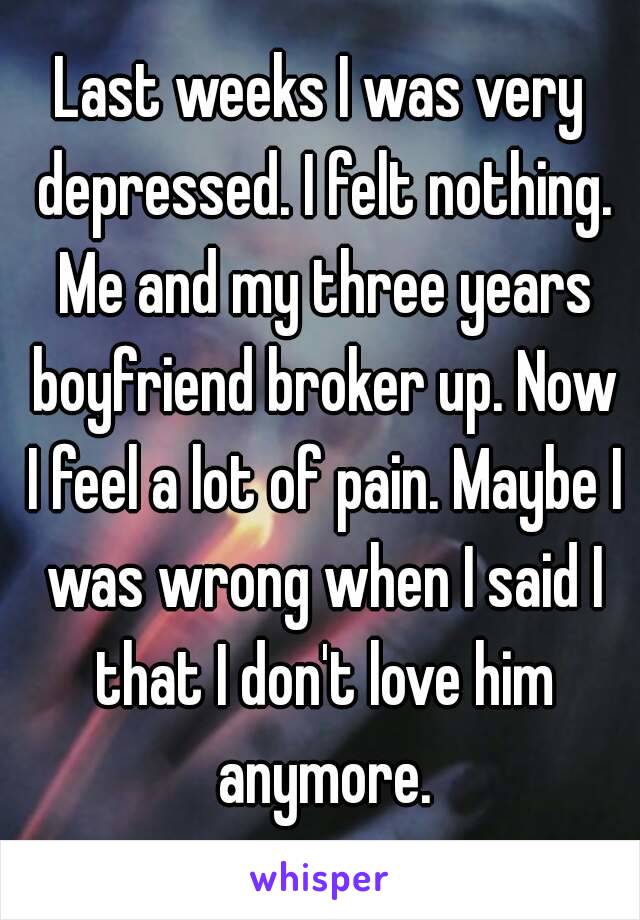 Last weeks I was very depressed. I felt nothing. Me and my three years boyfriend broker up. Now I feel a lot of pain. Maybe I was wrong when I said I that I don't love him anymore.