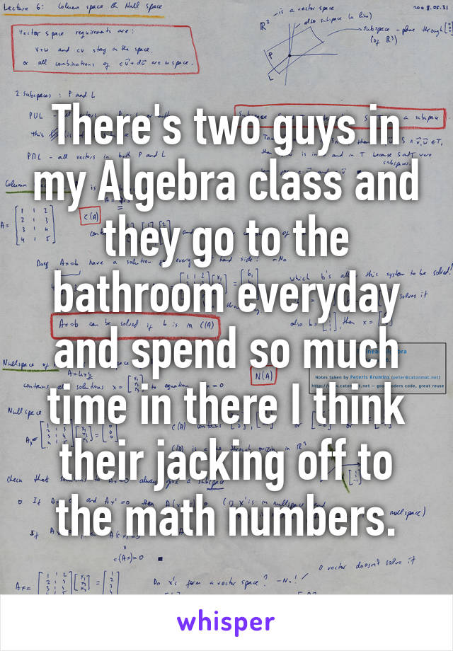 There's two guys in my Algebra class and they go to the bathroom everyday and spend so much time in there I think their jacking off to the math numbers.