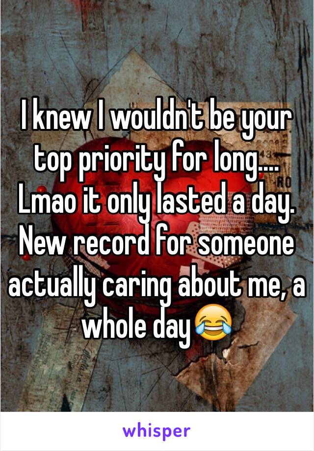 I knew I wouldn't be your top priority for long....
Lmao it only lasted a day. New record for someone actually caring about me, a whole day😂