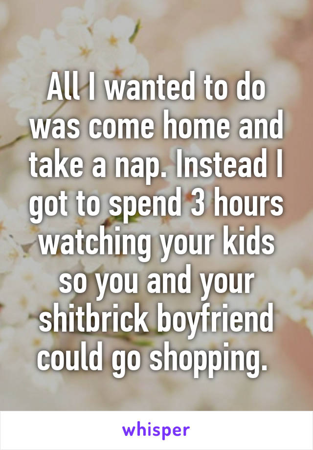 All I wanted to do was come home and take a nap. Instead I got to spend 3 hours watching your kids so you and your shitbrick boyfriend could go shopping. 