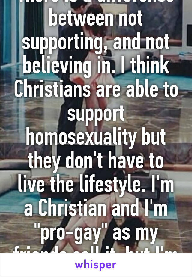 There is a difference between not supporting, and not believing in. I think Christians are able to support homosexuality but they don't have to live the lifestyle. I'm a Christian and I'm "pro-gay" as my friends call it, but I'm straight.