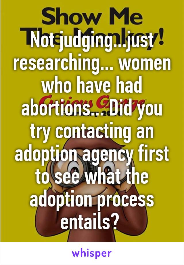 Not judging...just researching... women who have had abortions... Did you try contacting an adoption agency first to see what the adoption process entails? 