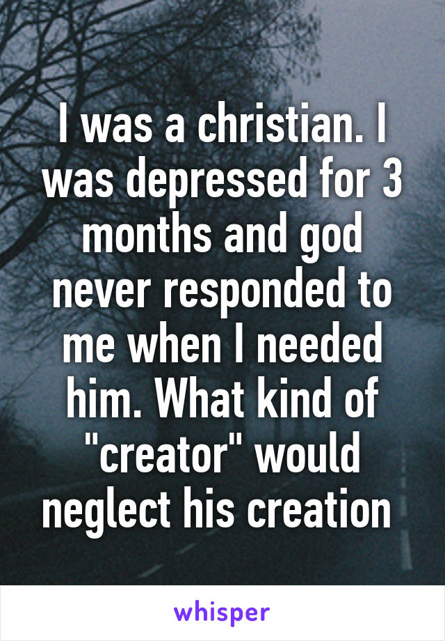 I was a christian. I was depressed for 3 months and god never responded to me when I needed him. What kind of "creator" would neglect his creation 