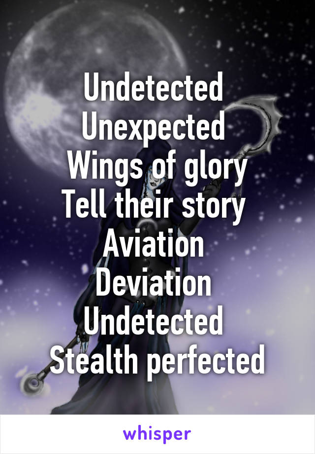 Undetected 
Unexpected 
Wings of glory
Tell their story 
Aviation 
Deviation 
Undetected 
Stealth perfected