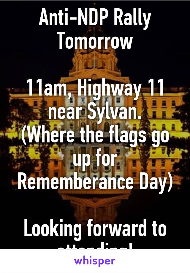 Anti-NDP Rally Tomorrow

11am, Highway 11 near Sylvan.
(Where the flags go up for Rememberance Day)

Looking forward to attending!