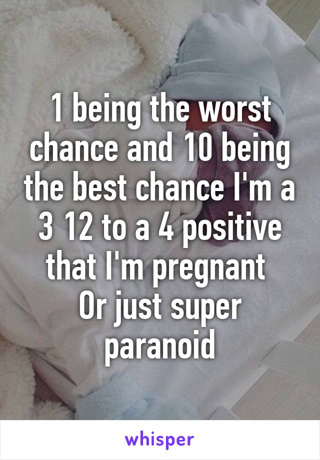 1 being the worst chance and 10 being the best chance I'm a 3 1\2 to a 4 positive that I'm pregnant 
Or just super paranoid