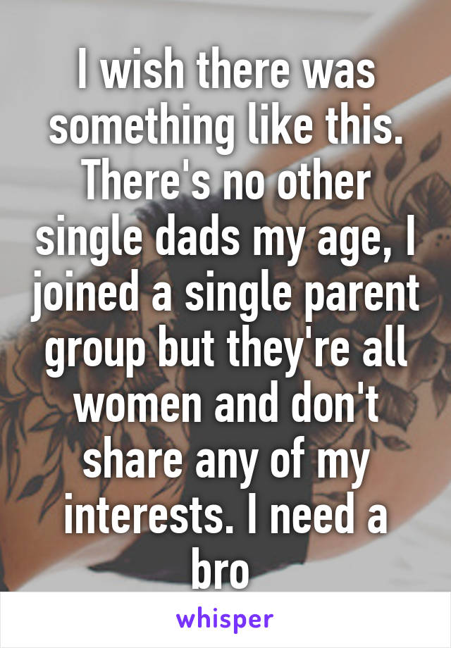 I wish there was something like this. There's no other single dads my age, I joined a single parent group but they're all women and don't share any of my interests. I need a bro 