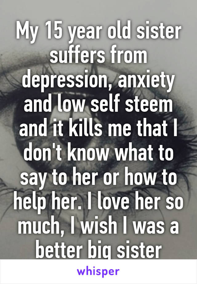 My 15 year old sister suffers from depression, anxiety and low self steem and it kills me that I don't know what to say to her or how to help her. I love her so much, I wish I was a better big sister