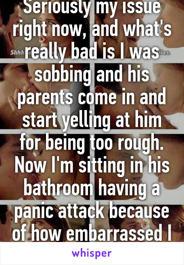 Seriously my issue right now, and what's really bad is I was sobbing and his parents come in and start yelling at him for being too rough. Now I'm sitting in his bathroom having a panic attack because of how embarrassed I am