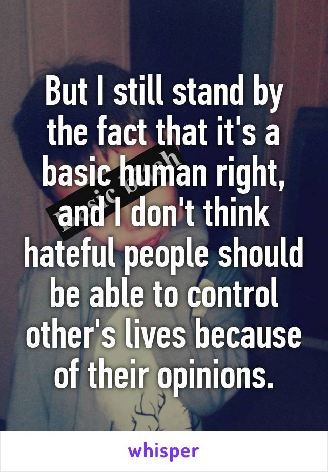 But I still stand by the fact that it's a basic human right, and I don't think hateful people should be able to control other's lives because of their opinions.