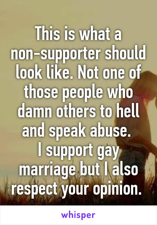 This is what a non-supporter should look like. Not one of those people who damn others to hell and speak abuse. 
I support gay marriage but I also respect your opinion. 