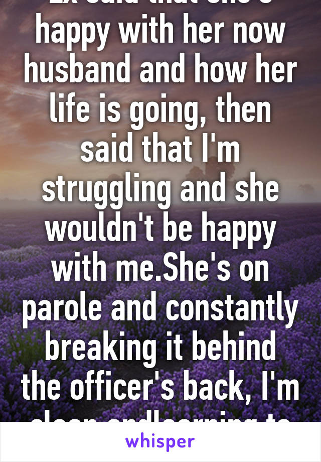 Ex said that she's happy with her now husband and how her life is going, then said that I'm struggling and she wouldn't be happy with me.She's on parole and constantly breaking it behind the officer's back, I'm clean andlearning to cook