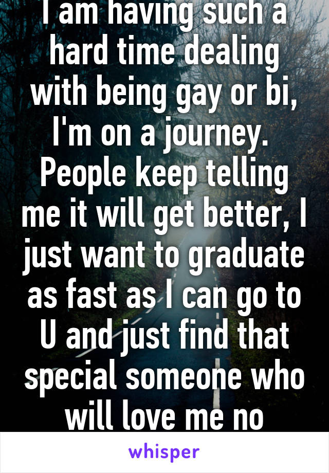 I am having such a hard time dealing with being gay or bi, I'm on a journey. 
People keep telling me it will get better, I just want to graduate as fast as I can go to U and just find that special someone who will love me no matter what. 