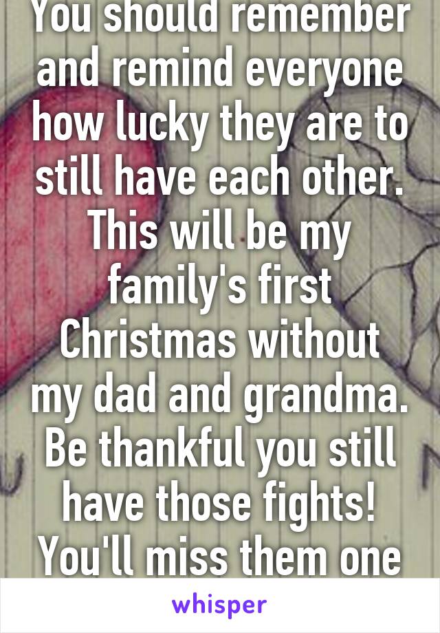 You should remember and remind everyone how lucky they are to still have each other. This will be my family's first Christmas without my dad and grandma. Be thankful you still have those fights! You'll miss them one day...