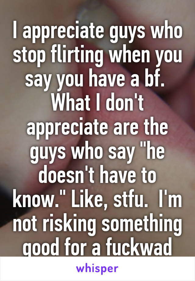 I appreciate guys who stop flirting when you say you have a bf.  What I don't appreciate are the guys who say "he doesn't have to know." Like, stfu.  I'm not risking something good for a fuckwad