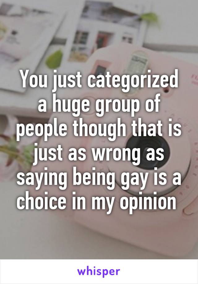 You just categorized a huge group of people though that is just as wrong as saying being gay is a choice in my opinion 