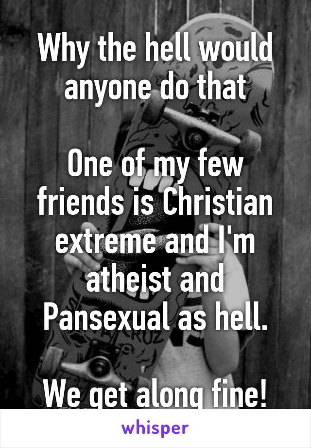 Why the hell would anyone do that

One of my few friends is Christian extreme and I'm atheist and Pansexual as hell.

We get along fine!