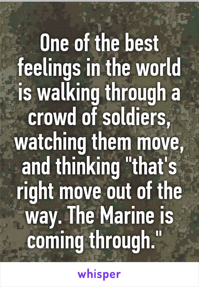 One of the best feelings in the world is walking through a crowd of soldiers, watching them move, and thinking "that's right move out of the way. The Marine is coming through."  