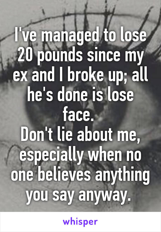 I've managed to lose 20 pounds since my ex and I broke up; all he's done is lose face. 
Don't lie about me, especially when no one believes anything you say anyway. 