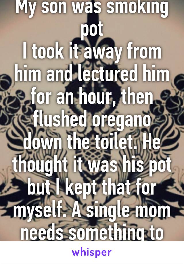 My son was smoking pot
I took it away from him and lectured him for an hour, then flushed oregano down the toilet. He thought it was his pot but I kept that for myself. A single mom needs something to do on a weekend 