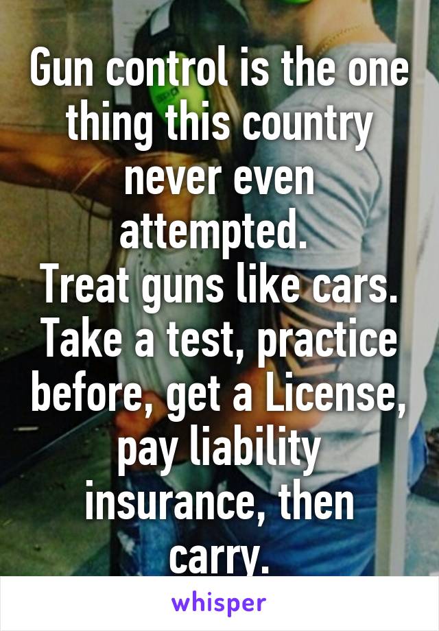 Gun control is the one thing this country never even attempted. 
Treat guns like cars. Take a test, practice before, get a License, pay liability insurance, then carry.