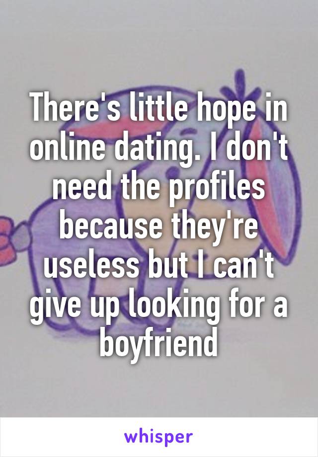 There's little hope in online dating. I don't need the profiles because they're useless but I can't give up looking for a boyfriend