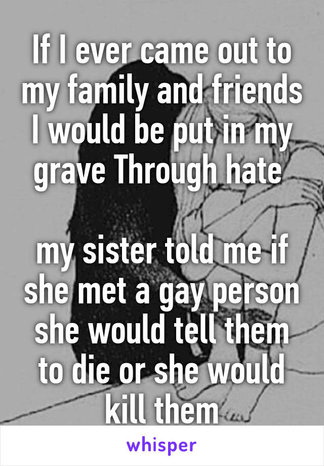 If I ever came out to my family and friends I would be put in my grave Through hate 

my sister told me if she met a gay person she would tell them to die or she would kill them